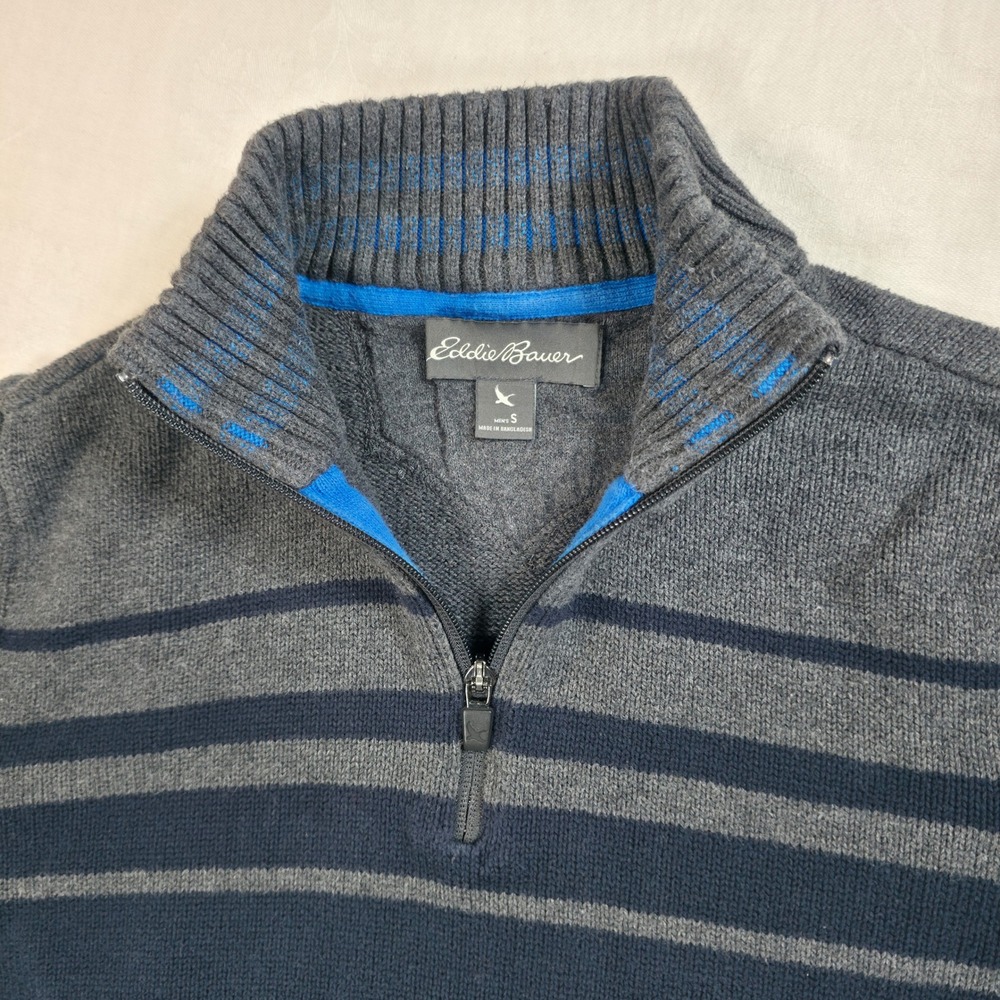 Eddie Bauer Mens Small Quarter Zip Sweater Navy Blue Grey Striped Cotton‎ Knit